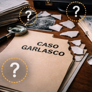 Cartellina con scritta Caso Garlasco e frammenti simbolici dell’indagine