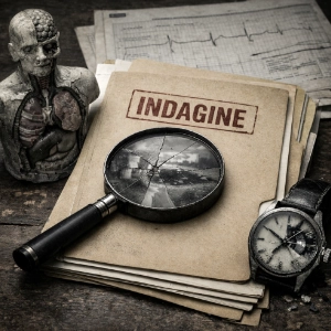 Oggetti investigativi simbolici che richiamano le criticità e le fratture emerse nel caso Denis Bergamini