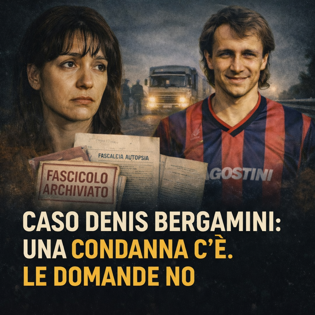 Caso Denis Bergamini, immagine quadrata con riferimento alla condanna di primo grado e alle domande irrisolte sul delitto
