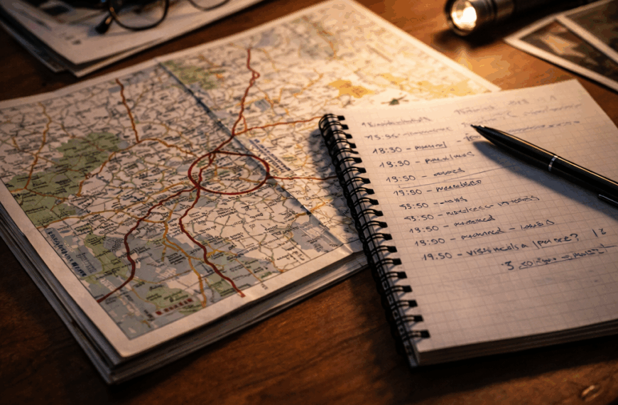 Mappa e taccuino con annotazioni cronologiche su una scrivania, simbolo di una ricostruzione investigativa iniziale.