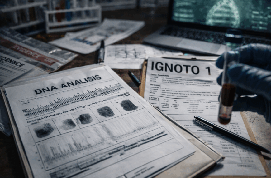 Materiali e documentazione di laboratorio utilizzati per l’analisi di una traccia genetica in ambito investigativo.