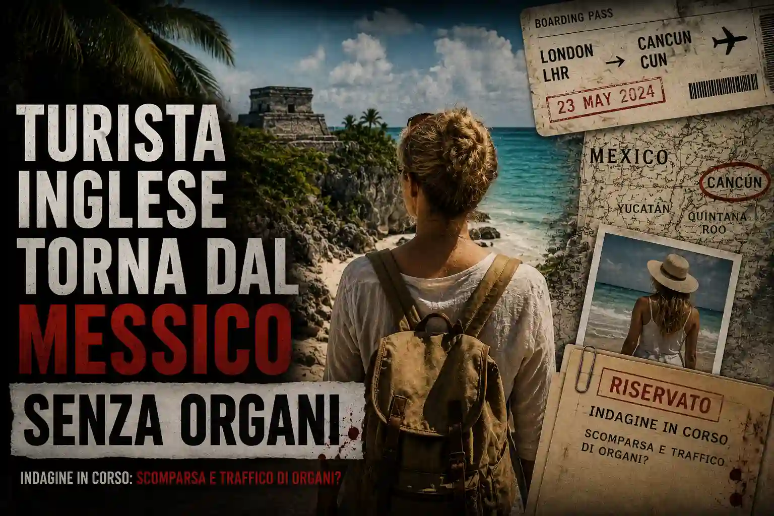 Illustrazione true crime di una turista inglese in Messico collegata a un presunto traffico di organi e a una misteriosa scomparsa.